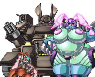 ambiguous_gender anthro armor armored_vehicle balls big_balls big_breasts big_ears black_sclera bottomless bottomless_anthro breasts brown_body cannon claws clothed clothing collar cybernetic_penis cybernetics ear_piercing ear_ring eye_patch eyewear female gatling_gun genitals group gun gun_arm hair huge_balls huge_breasts larger_female long_ears looking_at_viewer machine machine_gun male multicolored_body overweight overweight_anthro overweight_female penis piercing pink_body pink_eyes purple_hair ranged_weapon ring_piercing simple_background size_difference smaller_anthro smaller_male standing studded_collar studs tank_(vehicle) teal_body thick_thighs tracked_vehicle trio turret two_tone_body vehicle weapon weapon_arm white_background white_hair wide_hips adjatha trials_in_tainted_space lilybelle_(tits) raoh_(tits) cyborg lagomorph leporid mammal rabbit raskvel robot 2025 hi_res story story_in_description