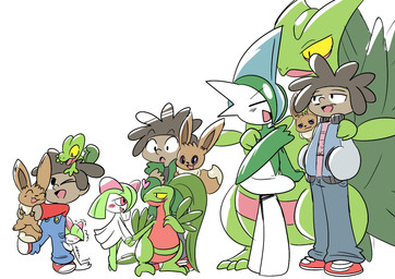 anthro feral group male male/male owen_nyo nintendo pokemon pokemon_trainer eevee gallade generation_1_pokemon generation_3_pokemon generation_4_pokemon grovyle human kirlia mammal pokemon_(species) ralts sceptile treecko hi_res