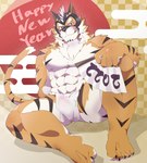 abs anthro asian_clothing blush bulge claws clothing detailed_bulge east_asian_clothing fundoshi fur genital_outline holidays japanese_clothing licking licking_lips male mask muscular muscular_anthro muscular_male nipples paper_fan pecs penis_outline solo striped_body striped_fur stripes tongue tongue_out underwear sakehabera chinese_zodiac lifewonders live_a_hero new_year new_year_2022 year_of_the_tiger ryekie_(live_a_hero) felid mammal pantherine tiger absurd_res hi_res