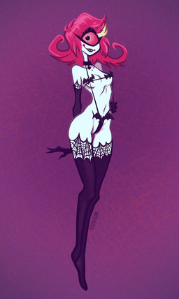 armwear boots breasts clothing collar female footwear hair legwear not_furry open_mouth open_smile panties red_hair sharp_teeth shoes small_breasts smile solo teeth text thick_thighs underwear white_body fawnoir hazbin_hotel hellaverse niffty_(hazbin_hotel) cyclops demon demon_humanoid humanoid hi_res