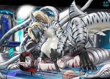 accessory anthro areola back_tentacles balls big_breasts big_dom_small_sub black_sclera blonde_hair bodily_fluids breasts detailed_background dominant duo ear_piercing facial_piercing female female_penetrated fin fin_piercing furgonomics furry-specific_piercing genital_fluids genitals glass hair hand_on_mouth huge_breasts industrial_piercing industrial_piercing_ladder intravaginal_tongue knife lactating larger_female licking licking_lips male male/female male_penetrating male_penetrating_female milk muffled nipples nose_piercing nude on_glass_surface open_mouth pelvic_fins penetration penile penile_penetration penis penis_in_vagina piercing platinum_blonde pubic_tattoo pussy_fins sex size_difference smaller_male smile straddling stripes tail tail_accessory tattoo teeth tentacles thick_thighs tongue tongue_out tunnel_piercing vaginal vaginal_penetration yellow_eyes albinion cleopatra_la_jauge maxi_(maxi_nightmode) cephalopod coleoid equid equine fish hybrid mammal marine mollusk shark thei'mare zebra absurd_res digital_media_(artwork) hi_res