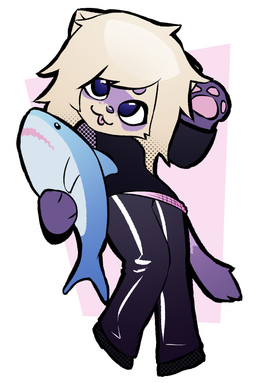 anthro arm_warmers armwear blue_eyes boots bottomwear clothing denim fishnet_clothing fishnet_shirt fishnet_topwear fluffy footwear fur genderfluid pants pawpads pink_pawpads purple_body purple_fur shirt shoes tank_top topwear white_body white_fur borealhao conditional_dnp ikea lamapola blahaj vinea_(lamapola) domestic_ferret fish mammal marine mustelid musteline shark true_musteline weasel hi_res