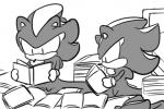 anthro book chibi clothing gloves handwear humor male reading simple_background solo white_background sikai sega sonic_the_hedgehog_(series) mephiles_the_dark eulipotyphlan goo_creature hedgehog mammal 3:2 greyscale monochrome