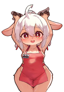 ahoge anthro antlers apron blush bodily_fluids breasts camel_toe clothing female hair hooves horn loli name_tag nipple_outline red_eyes small_breasts solo sweat thick_thighs white_hair wide_hips young young_anthro nyankone rue_(nyankone) deer mammal absurd_res hi_res