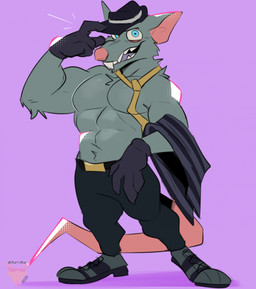 abs accessory anthro belt biceps blue_eyes bottomwear buckteeth clothed clothing deltoids footwear fur gloves green_body green_fur handwear hat headgear headwear looking_at_viewer male male_anthro muscular muscular_anthro muscular_male necktie open_mouth open_smile pants pecs pink_background pose rat_tail sharp_teeth shoes simple_background smile solo tail teeth tipping_hat topless topless_anthro topless_male rattykai league_of_legends riot_games tencent crime_city_twitch twitch_(lol) mammal murid murine rat rodent 2025 hi_res