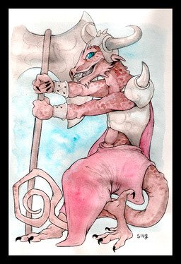 anthro armor axe black_border border bracers horn male melee_weapon solo tail weapon oddbird dungeons_and_dragons hasbro wizards_of_the_coast kobold lizard reptile scalie