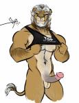 anthro balls beard bedroom_eyes big_muscles biped body_hair bottomless circumcised circumcision_scar clothed clothing curved_penis erection facial_hair fur fur_tuft genital_scar genitals glans hairy half-closed_eyes humanoid_genitalia humanoid_hands humanoid_penis looking_at_viewer male manly mature_male muscular muscular_anthro muscular_male narrowed_eyes notched_ear penis scar seductive shirt smile snout solo tail tail_tuft tank_top topwear tuft bgn felid lion mammal pantherine 2016 hi_res portrait three-quarter_portrait