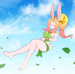 accessory anthro bracelet breasts circlet clothing egyptian eyebrows eyelashes eyes_closed feet female green_clothing hair jewelry leaf ponytail smile solo usekh white_body scorpdk lagomorph leporid mammal rabbit 2026 hi_res