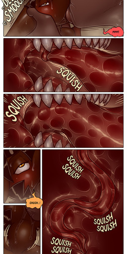 anthro bodily_fluids dialogue duo extreme_french_kiss french_kissing gynomorph internal intersex intersex/male kissing male neck_bulge saliva size_difference size_play sound_effects text tongue_in_throat james_howard patreon subscribestar aamon_(james_howard) tina_(james_howard) bat demon mammal absurd_res comic english_text hi_res