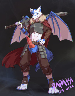 animal_genitalia animal_penis anthro armor balls blue_balls blue_eyes blue_hair blue_markings blue_sheath bottomwear brown_bottomwear brown_clothing brown_pants brown_topwear canine_genitalia canine_penis chaps cheek_tuft clothed clothing digitigrade erection facial_tuft front_view fur genitals hair holding_melee_weapon holding_object holding_sword holding_weapon inner_ear_fluff knot looking_at_viewer male markings melee_weapon membrane_(anatomy) membranous_wings multicolored_hair narrowed_eyes open_mouth pants penis red_penis sheath solo standing sword sword_on_shoulder topwear tuft two_tone_hair weapon weapon_on_shoulder white_body white_fur white_hair white_inner_ear_fluff white_wings wings papayafurry canid mammal 2024 dated full-length_portrait hi_res portrait