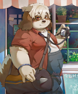 4_fingers anthro bag belly big_belly bottomwear brown_body brown_fur camera claws clothing countershade_face countershading detailed_background fingers fur gloves_(marking) kemono male markings overalls overweight overweight_anthro overweight_male pants red_clothing red_eyes red_shirt red_topwear shirt snaggle_tooth solo tan_body tan_countershading topwear white_body white_claws white_clothing white_fur white_shirt white_topwear wristband morain_xs canid canine canis domestic_dog mammal 2023 hi_res