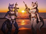 anthro assault_rifle beach belt bra breasts cleavage clothed clothing duo eyewear female fur glasses glistening glistening_body gun handgun holster holstered_pistol navel outside panties photo_background pistol pouches ranged_weapon rifle ruger_pistol sand scar-h scar-l sea seaside skimpy smile standing sunset swimwear tail trigger_discipline underwear water weapon pgm300 mythology dragon furred_dragon furred_scalie hybrid mammal mythological_creature mythological_scalie scalie 2022 absurd_res digital_media_(artwork) hi_res photography_(artwork) shaded