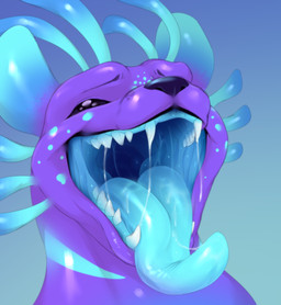 ambiguous_gender antennae_(anatomy) anthro biped blue_body blue_flesh blue_markings bodily_fluids cyan_insides detailed_mouth drooling glowing_insides markings mouth_shot open_mouth purple_body saliva sharp_teeth striped_markings stripes teeth whiskers pinedx rain_world videocult yoku_(gyrotech) slugcat absurd_res hi_res