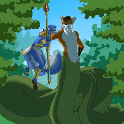 anthro apode armor blue_body blue_hair bottomwear breastplate brown_hair clothed clothed_female clothing countershading duo female forest fully_clothed green_body green_scales hair holding_another larger_male legless loincloth male nude nude_male orange_body outside plant scales serpentine size_difference smaller_female split_form staff tree white_body white_countershading hunterart nintendo star_fox krystal_(star_fox) werefox_(character) canid canine draconcopode fox lamia mammal reptile scalie snake 1:1 2025 hi_res