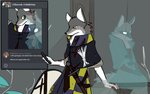 anthro duo female male melee_weapon selfie shield sword texting translucent translucent_body weapon omnipresentcrayon canid canine canis domestic_dog ghost mammal spirit wolf 16:10 hi_res story story_in_description widescreen