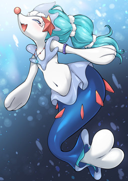 accessory ambiguous_gender blue_eyes blue_hair blush bracelet feral flippers hair hair_accessory hair_tie jewelry long_hair looking_at_viewer navel necklace open_mouth open_smile pink_nose smile solo split_form white_body boingfarm nintendo pokemon aquatic generation_7_pokemon mammal merfolk pinniped pokemon_(species) primarina absurd_res hi_res