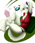 :3 anthro biped blue_eyes breasts cleavage clothed clothing feet female fur hair hindpaw music paws pink_nose relaxing simple_background sitting solo white_background white_body white_ears white_fur white_hair wolflady winter_night domestic_cat felid feline felis mammal 2013 4:5 digital_media_(artwork)