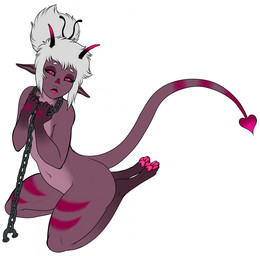 areola bdsm bound chain chained colored_nails dark_sclera fangs female hair horn markings nails navel pawpads pink_eyes solo spade_tail tail teeth white_hair feralcatalyst noxia demon humanoid hi_res