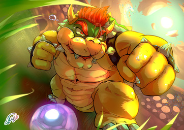 3_toes 4_fingers anthro ball bodily_fluids claws cloud day feet fingers grass hair horn light male plant red_eyes red_hair soccer_ball solo sun sunlight sweat teeth toe_claws toes enso_t0324 mario_bros nintendo bowser koopa scalie 2022 absurd_res hi_res signature