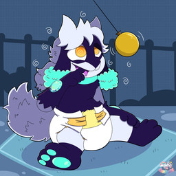 ambiguous_gender anthro blue_body blue_fur blue_pawpads bodily_fluids clean_diaper clothed clothing diaper diaper_only dotted_background drooling fence finger_in_mouth fluffy fluffy_tail fur gem gloves_(marking) hand_on_leg hypnosis leg_markings logo markings mind_control multicolored_body multicolored_fur open_mouth open_smile pattern_background pawpads pendulum purple_tongue saliva simple_background sitting smile socks_(marking) solo spiral spiral_eyes tail text tongue topless wearing_diaper white_body white_diaper white_fur white_tail rydiante nintendo pokemon winter_(thewinterriolu) generation_4_pokemon pokemon_(species) riolu 1:1 artist_logo artist_name full-length_portrait hi_res portrait