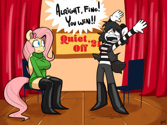 anthro anthrofied beret boots clothing dialogue duo female footwear gloves handwear hat headgear headwear mime plantigrade shoes sitting stage sweater text topwear wings yelling lettuce_(artist) friendship_is_magic hasbro my_little_pony mythology fan_character fluttershy_(mlp) izzy_(asdfr123456) equid equine horse mammal mythological_creature mythological_equine pegasus pony 4:3 absurd_res english_text hi_res
