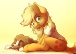 clothing cutie_mark duo eyes_closed fur looking_at_viewer loose_hair mouth_hold sitting smile tongue tongue_out ohemo friendship_is_magic hasbro my_little_pony applejack_(mlp) winona_(mlp) canid canine canis domestic_dog earth_pony equid equine horse mammal pony 2021 hi_res