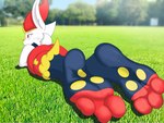 3_toes ambiguous_gender anthro barefoot butt feet foot_focus hindpaw humanoid_feet lying nude on_front paws plantigrade soles solo toes detectivebubble nintendo pokemon cinderace generation_8_pokemon lagomorph mammal pokemon_(species) hi_res