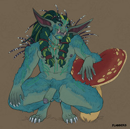 balls big_ears body_hair braided_hair claws fungus fur genitals green_body green_fur hair hairy hairy_balls male mushroom paws penis quills_(anatomy) smile smiling_at_viewer solo toe_claws tusks flabberd blizzard_entertainment warcraft elf haranir humanoid