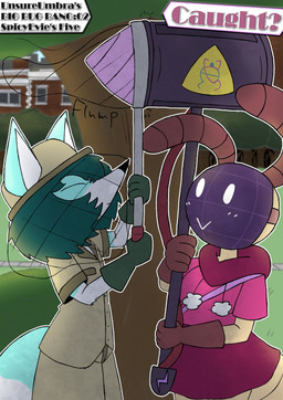 4_fingers 5_fingers antennae_(anatomy) anthro arm_tuft arthropod_abdomen big_hammer black_nose blue_body blue_fur bottomwear brown_antennae brown_clothing brown_gloves brown_handwear bug_net building clothing drill_hammer duo elbow_tuft exoskeleton eyes_always_closed eyes_closed female fingers fur gloves grass green_clothing green_gloves green_hair green_handwear hair handwear hat headgear headwear hoodie male multicolored_body multicolored_fur onomatopoeia pink_bottomwear pink_clothing pink_hoodie pink_skirt pink_topwear plant pupils screen screen_face shorts shrub sidewalk skirt snout sound_effects tail tan_bottomwear tan_clothing tan_hat tan_headwear tan_shorts text topwear tree tuft two_tone_body two_tone_fur white_body white_fur white_pupils yellow_body yellow_exoskeleton unsureumbra avon_(unsureumbra) five_(thebestevie) arthropod blattodean canid canine fox insect mammal termite credits hi_res