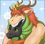 anthro antlers athletic athletic_male blush chin_on_head close-up crown day duo eyes_closed fangs gift glistening glistening_body glistening_scales grin headgear horn hug hugging_another hugging_from_behind looking_at_another male mane medieval medieval_clothing muscular muscular_male prince royalty scales size_difference smile teeth tender livenlove7 mythology kyukyu prince_borgon dragon mythological_creature mythological_scalie scalie absurd_res hi_res