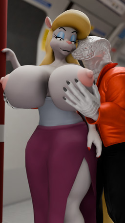5_fingers abstract_background anthro areola big_areola big_breasts black_eyes blonde_hair blue_eyeshadow breast_grab breasts claws clothing dress duo exposed_breasts eyelashes eyeshadow female finger_claws fingers fur grabbing_from_behind grope groping_from_behind hair hand_on_breast huge_areola huge_breasts jacket long_hair makeup male male/female nipples open_mouth open_smile public_transportation puffy_nipples rapid_transit red_claws red_clothing red_eyes red_jacket red_topwear scales smile topwear white_body white_fur white_scales atoastedorange carbiid3_(modeler) petruz_(modeler) animaniacs warner_brothers minerva_mink snake_(petruz) mammal mink mustelid musteline reptile scalie snake true_musteline 2025 3d_(artwork) 9:16 digital_media_(artwork) hi_res source_filmmaker_(artwork)