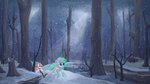 duo female forest horn light light_beam open_mouth outside plant running scarf smile snow snowing spread_wings sunbeam sunlight tree wings callichrome mythology equid equine mammal mythological_creature mythological_equine pegasus unicorn 16:9 4k absurd_res hi_res widescreen