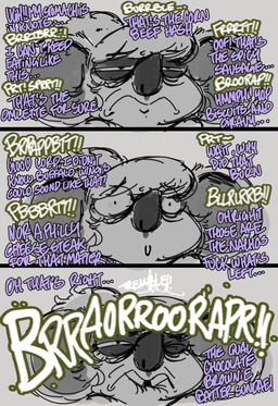 ambiguous_gender anthro bite biting_lip feces half-closed_eyes implied_pooping inner_monologue narrowed_eyes one_eye_closed onomatopoeia profanity scatplay shaking solo sound_effects teeth text thinking tooth_gap trembling crimson_2020 koala mammal marsupial vombatiform 2026 comic digital_drawing_(artwork) digital_media_(artwork) english_description english_text hi_res restricted_palette female_(lore)