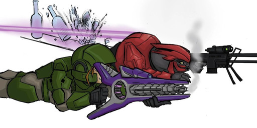 4_fingers aiming_weapon beam_rifle duo energy_weapon female female_human fingers full_armor grey_body gun holding_object holding_ranged_weapon holding_weapon light_body light_skin male male_humanoid marines pupils ranged_weapon rifle slit_pupils smile smoking_gun sniper_rifle weapon yellow_eyes cugu00 halo_(series) microsoft xbox_game_studios alien human humanoid mammal sangheili colored hi_res