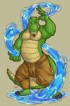 anthro clothed clothing elemental_manipulation facial_hair goatee looking_at_viewer male solo topless water water_manipulation briarsthorne epsiloh crocodilian reptile scalie hi_res