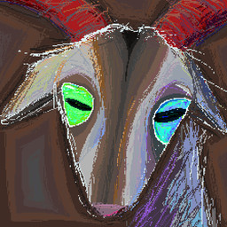ambiguous_gender brown_body brown_fur feral fur heterochromia horn looking_at_viewer pink_nose red_horn solo demensa bovid caprine goat mammal 1:1 2019 digital_media_(artwork) headshot_portrait icon pixel_(artwork) portrait