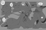 anthro biped blush comic dialogue duo ears_back english_text fur generation_4_pokemon generation_9_pokemon hi_res lucario lying male male/male meowscarada monochrome nintendo on_back on_ground on_side open_mouth pawpads pivoted_ears pokemon pokemon_(species) pupils question_mark romantic romantic_couple samu_(sincastermon) side_view sincastermon slit_pupils speech_bubble tail text vine_(sincastermon)