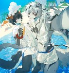 anthro anthro_on_anthro beach biped black_hair bulge claws clothed clothing duo_focus eyebrows fingers floppy_ears fur grey_body grey_fur group hair horn kemono male male/male one_eye_closed plant selfie tail tree milkybot canid canine canis domestic_dog mammal 2024 hi_res