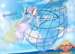 anthro areola big_breasts breasts dialogue female genitals hair long_hair net nipples pink_areola pink_nipples pussy text thick_thighs snackbunnii nintendo pokemon sekiki_tiakiki eeveelution flareon generation_1_pokemon pokemon_(species) vaporeon english_text hi_res