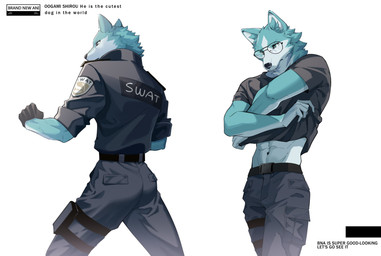 abs anthro athletic athletic_anthro athletic_male belt biped black_bottomwear black_clothing black_gloves black_handwear black_nose black_pants black_shirt black_topwear blue_body blue_eyes blue_fur bottomwear butt clothed clothing clothing_lift eyewear fully_clothed fur glasses gloves handwear male pants police police_uniform shirt shirt_lift simple_background solo standing text topwear uniform white_background dxmdwq764027 brand_new_animal studio_trigger shirou_ogami canid canine canis mammal wolf 2023 absurd_res digital_drawing_(artwork) digital_media_(artwork) english_text hi_res