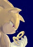 anthro black_nose blue_background bodily_fluids clothing crying frown fur gloves gold_(metal) half-closed_eyes handwear holding_object looking_down male narrowed_eyes red_eyes ring_(sonic) sad simple_background solo super_form tears yellow_body yellow_fur mhhm48759902 sega sonic_the_hedgehog_(series) sonic_the_hedgehog super_sonic eulipotyphlan hedgehog mammal 2018 digital_media_(artwork) hi_res