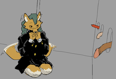 animal_genitalia animal_penis anthro black_bottomwear black_clothing black_jacket black_skirt black_topwear blush blush_lines bottomwear canine_genitalia canine_penis clothing erection excited female female_anthro flaccid genitals glory_hole green_hair grey_background group hair humanoid_genitalia humanoid_penis jacket kneeling male male/female male_anthro male_human nervous orange_body penis shy simple_background skirt tail tail_motion tailwag tan_body topwear hieronymusjohnson canid canine human mammal