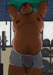 anthro belly blush bodily_fluids bulge clothing gym looking_at_viewer male moobs nipples presenting slightly_chubby smile smiling_at_viewer smirk smirking_at_viewer solo sweat underwear mamayong_(artist) benny_(bennyafterdark) bear mammal draw_over hi_res