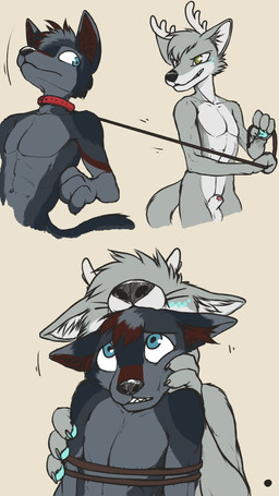 4_fingers animal_genitalia anthro anthro_pred anthro_prey antlers athletic balls bare_chest biped black_body black_fur black_nose blue_eyes blue_markings bound brown_body brown_fur brown_markings cheek_tuft collar countershade_torso countershading duo eyes_closed facial_markings facial_tuft fangs fingers fluffy fluffy_tail forced front_view fur fur_markings fur_tuft genitals green_eyes grey_body grey_countershading grey_fur hair head_first head_markings head_tuft holding_character holding_leash holding_object horn imminent_vore inner_ear_fluff leash leash_pull leashed_collar looking_at_another looking_back looking_up male male_pred male_prey markings mostly_nude motion_lines multicolored_body multicolored_fur nude oral_vore penis penis_tip rope same_size_vore scared sheath short_hair simple_background standing tail tan_background teeth three-quarter_view tuft vore worried lunlunfox typoo canid canine canis hybrid mammal wolf 2020 9:16 comic digital_drawing_(artwork) digital_media_(artwork) hi_res multiple_scenes