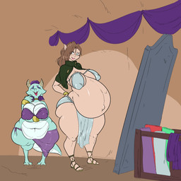 belly big_belly big_breasts breasts clothed clothing duo elven expansion female growth huge_belly huge_breasts obese obese_female overweight overweight_female pregnancy_expansion pregnancy_progression pregnant pregnant_female shortstack shortstack_female size_difference skimpy weight_gain sinfullapis dwarf_fortress elf kobold scalie 1:1 2026 absurd_res hi_res sequence