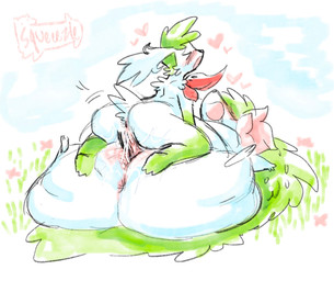 anthro anthrofied anus big_butt blush bodily_fluids butt drooling duo eyes_closed female female/female flower fur genital_fluids genitals green_hair hair heart_symbol huge_butt huge_hips huge_thighs overweight overweight_anthro overweight_female pink_anus pink_vulva plant pokemorph saliva sex size_difference thick_thighs tribadism vaginal vaginal_fluids vulva white_body white_fur wide_hips squeeezle nintendo pokemon generation_4_pokemon land_forme_shaymin legendary_pokemon pokemon_(species) shaymin sky_forme_shaymin hi_res