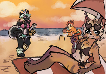 beach bikini clothing female side-tie_bikini string_bikini swimwear two-piece_swimsuit itsnamiko tamagotchi lynx_(felinegirl) nyamiee_(felinegirl) felid feline lynx mammal mephitid skunk hi_res