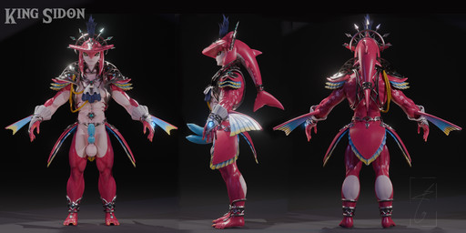 2_penises abs animal_genitalia animal_penis anthro armor balls big_balls big_muscles big_pecs big_penis blue_penis claws crown diphallism erection feet fin genitals headgear male multi_genitalia multi_penis muscular muscular_anthro muscular_male pecs penis pupils red_body royalty scar slit_pupils solo toes vertical_diphallism white_balls white_body yellow_eyes aozorart nintendo the_legend_of_zelda prince_sidon aquatic zora 3d_(artwork) digital_media_(artwork) hi_res