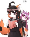 anthro black_body black_clothing black_fur black_hair blush book clothed clothing curious duo female fluffy fluffy_tail footprint fully_clothed fur grey_eyes hair kemono long_hair mottled orange_body orange_fur pawprint piebald pink_eyes purple_body purple_fur purple_hair reading simple_background tail white_background white_body white_fur nachiwanko calico_cat domestic_cat felid feline felis mammal 2021 digital_media_(artwork) hi_res shaded