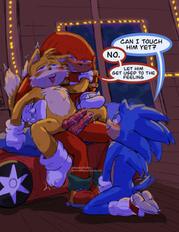 2_tails animal_genitalia animal_penis anthro bed biped blue_body blue_eyes blue_fur bluesky_handle blush bodily_fluids breath canine_genitalia canine_penis clothing cum cum_on_penis dialogue erection footwear frottage fur furniture genital_fluids genitals gloves gold_(metal) gold_jewelry green_eyes group group_sex handwear inside jewelry kneeling knot light male male/male male_anthro multi_tail on_bed on_lap open_mouth orange_body orange_fur penile penis penises_touching purple_eyes red_body red_fur red_penis sex shoes short_tail sitting sitting_on_bed sitting_on_lap socks speech_bubble spines tail tan_body tan_fur teeth_showing text threesome trio twitter_handle vein veiny_penis wall_(structure) white_clothing white_footwear white_gloves white_handwear white_socks window young young_anthro young_male relatedturtles sega sonic_the_hedgehog_(series) knuckles_the_echidna miles_prower sonic_the_hedgehog canid canine echidna eulipotyphlan fox hedgehog mammal monotreme artist_name digital_media_(artwork) english_text hi_res